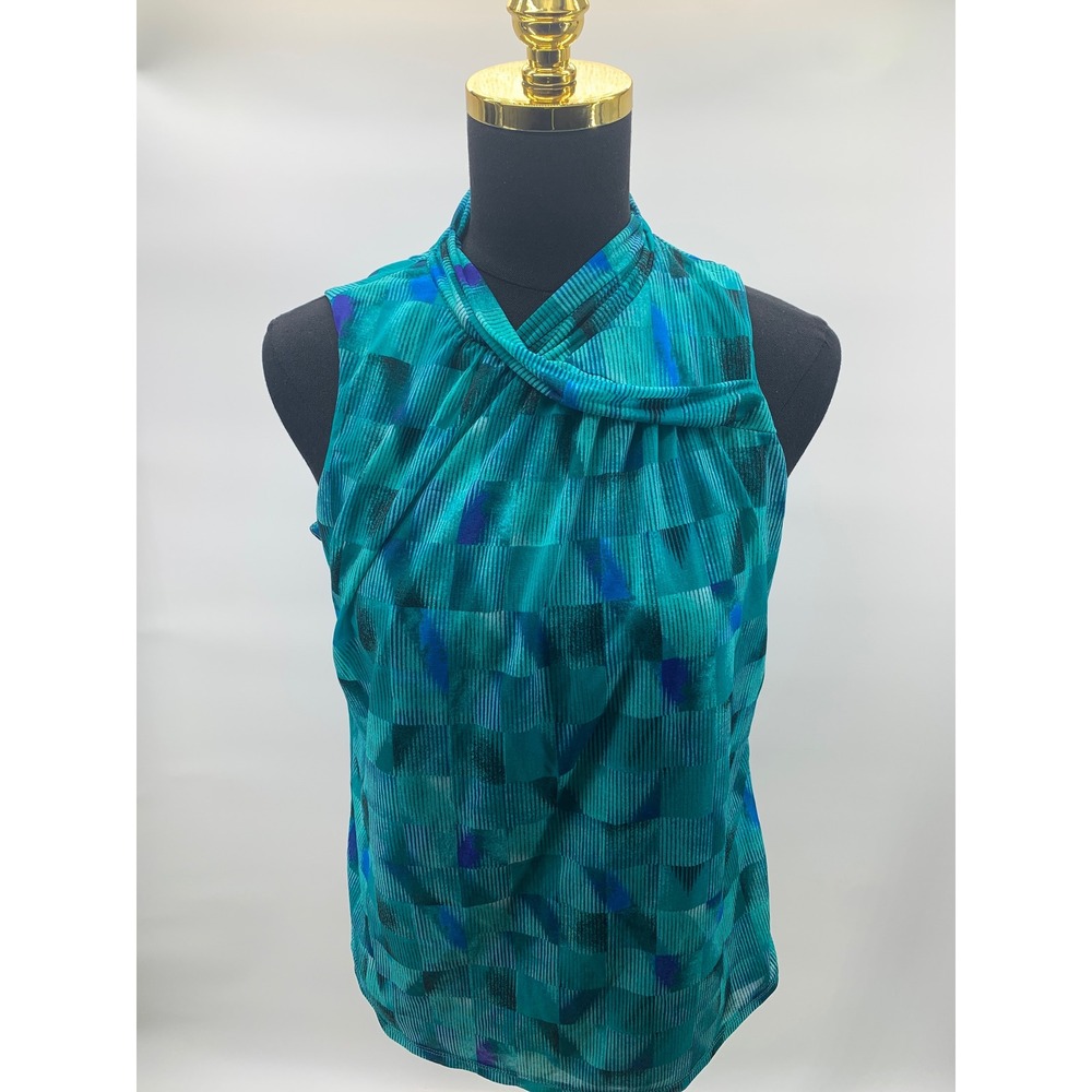 Worthington Womens Teal Blue Geometric Abstract Mock Neck Sleeveless Blouse M